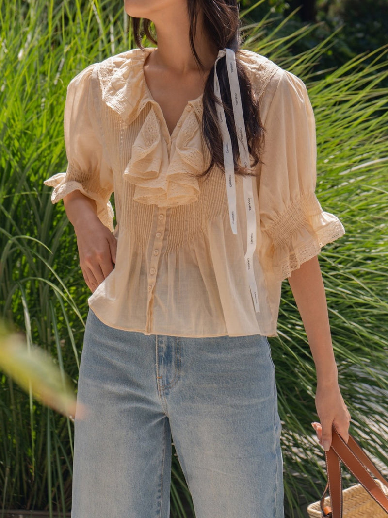 GATHERED SLEEVE RUFFLE COTTON BLOUSE