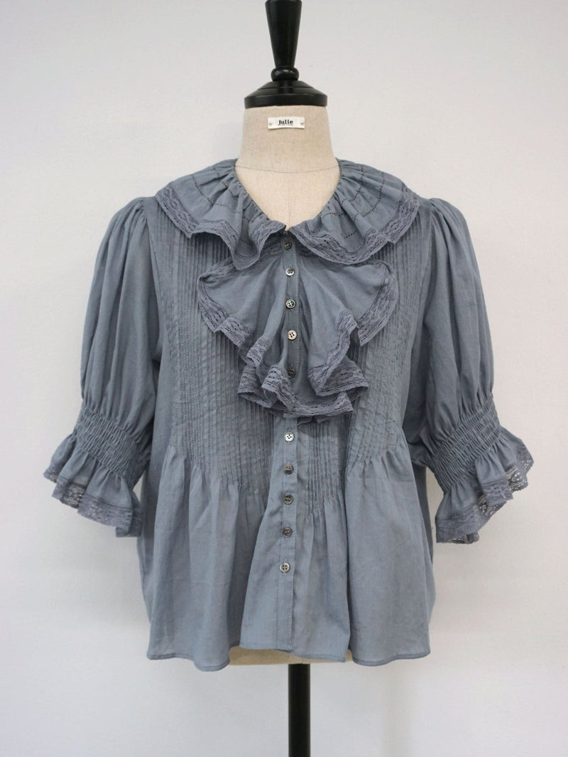 GATHERED SLEEVE RUFFLE COTTON BLOUSE