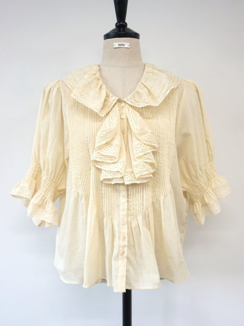 GATHERED SLEEVE RUFFLE COTTON BLOUSE