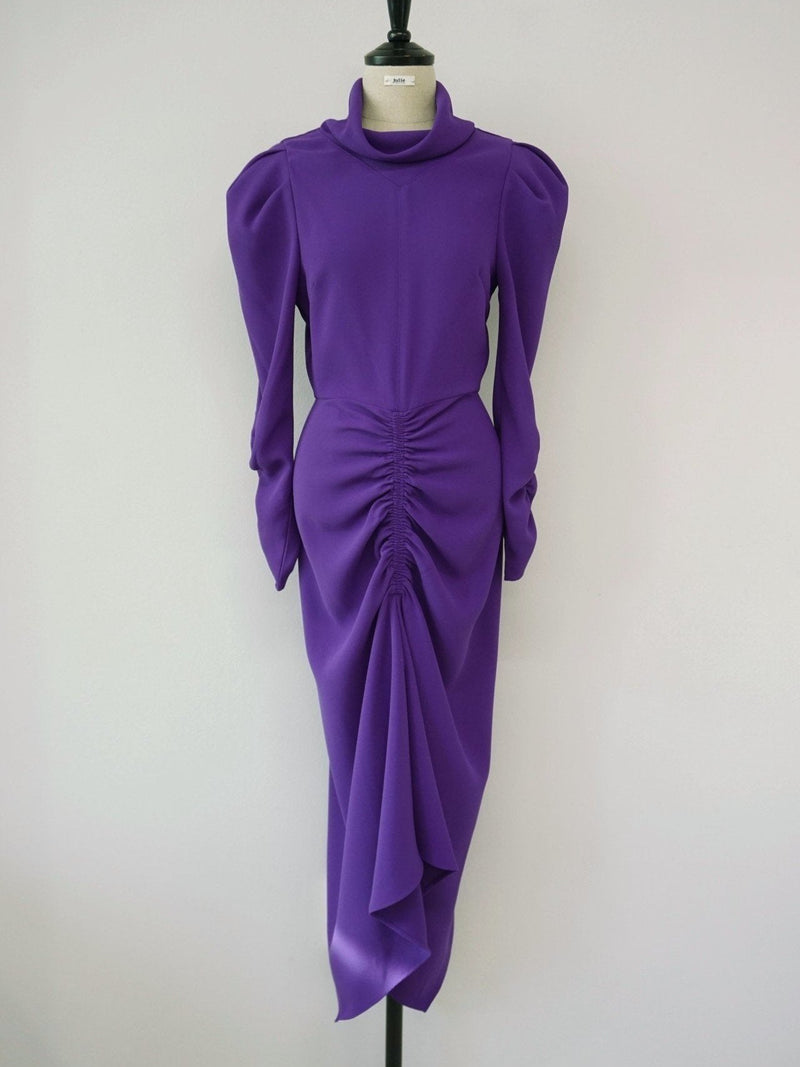 GATHERED WAIST PUFF SLEEVE EVENING DRESS