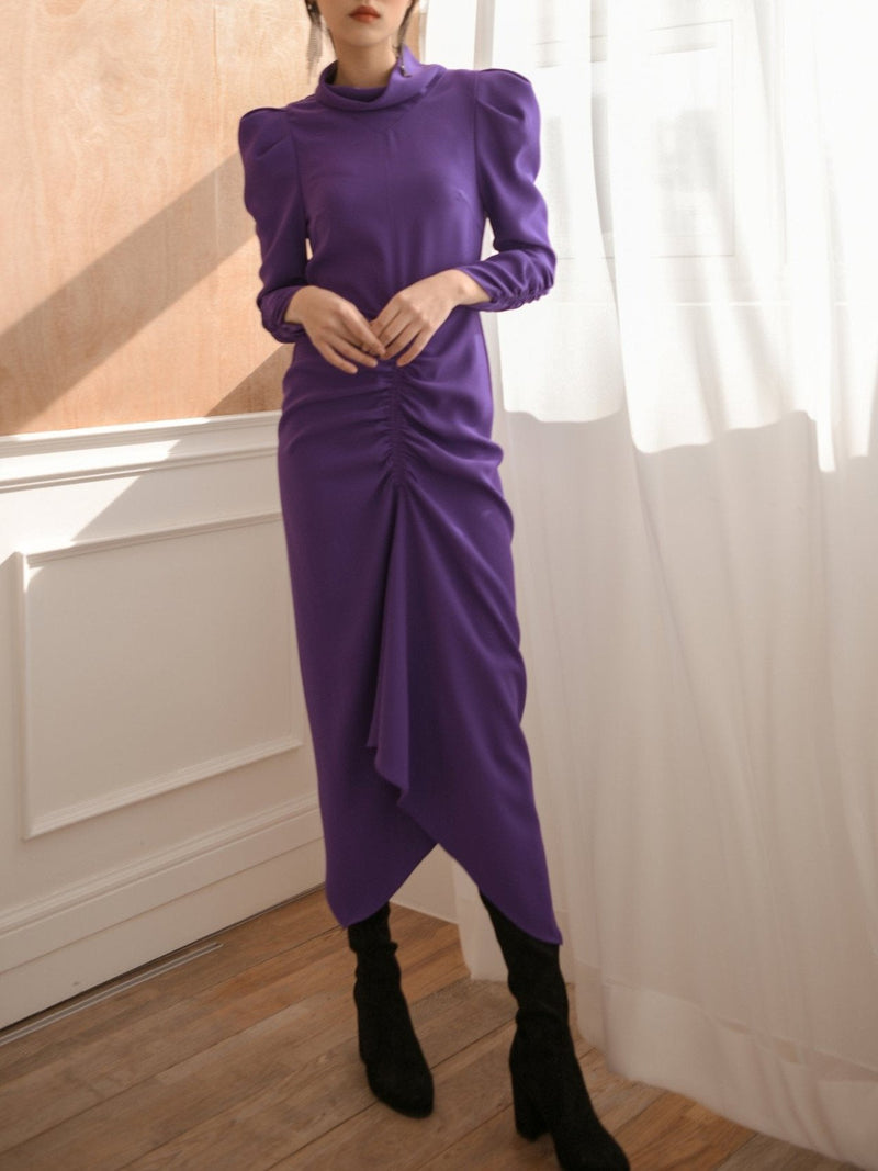 GATHERED WAIST PUFF SLEEVE EVENING DRESS