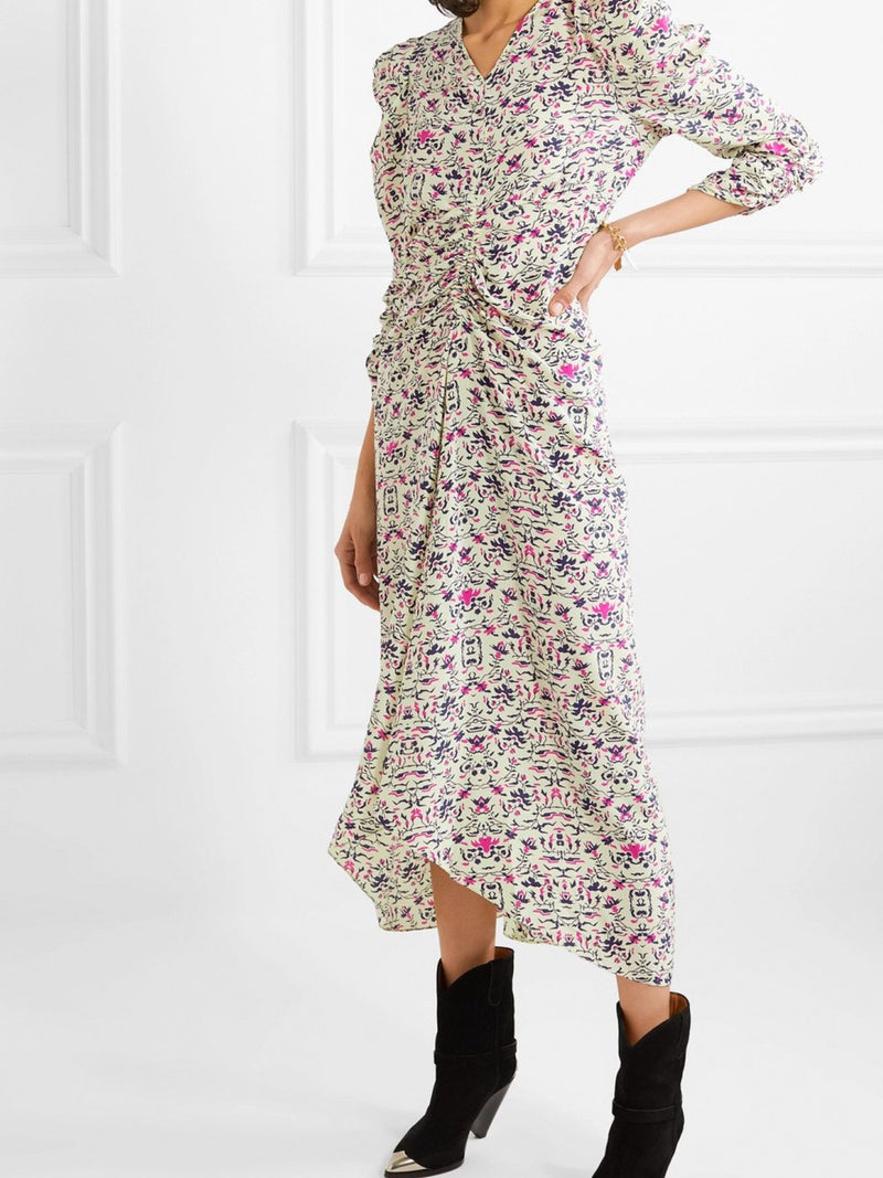 GATHERED WAIST STRUCTURED SHOULDER DRESS