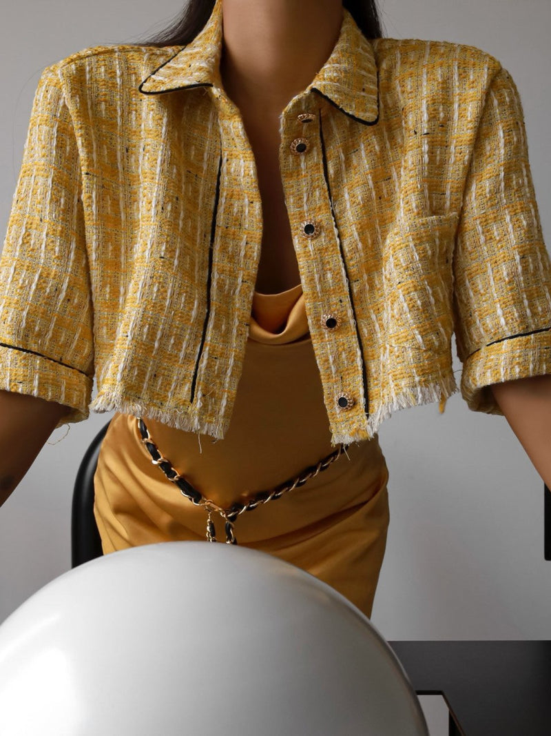 GOLD BUTTON DETAIL CROPPED TWEED JACKET
