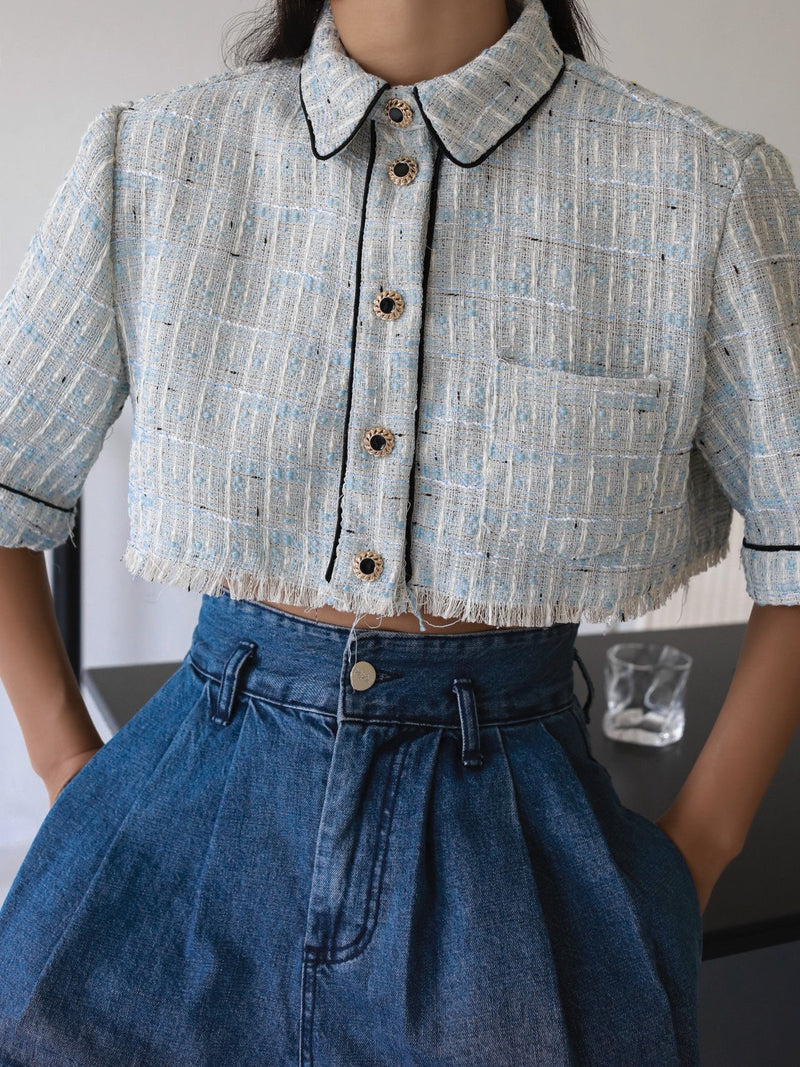 GOLD BUTTON DETAIL CROPPED TWEED JACKET