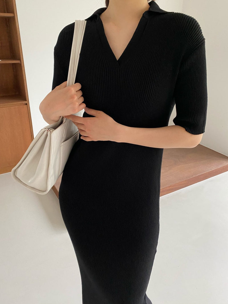 HALF SLEEVE COLLARED RIBBED DRESS