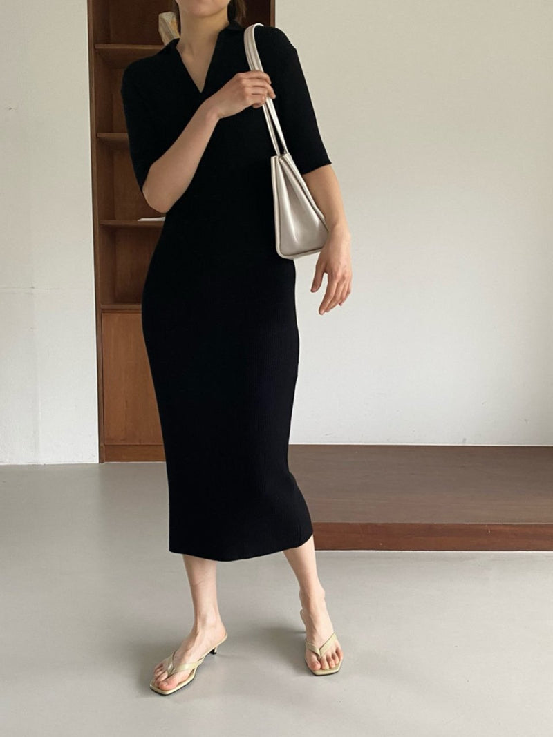 HALF SLEEVE COLLARED RIBBED DRESS