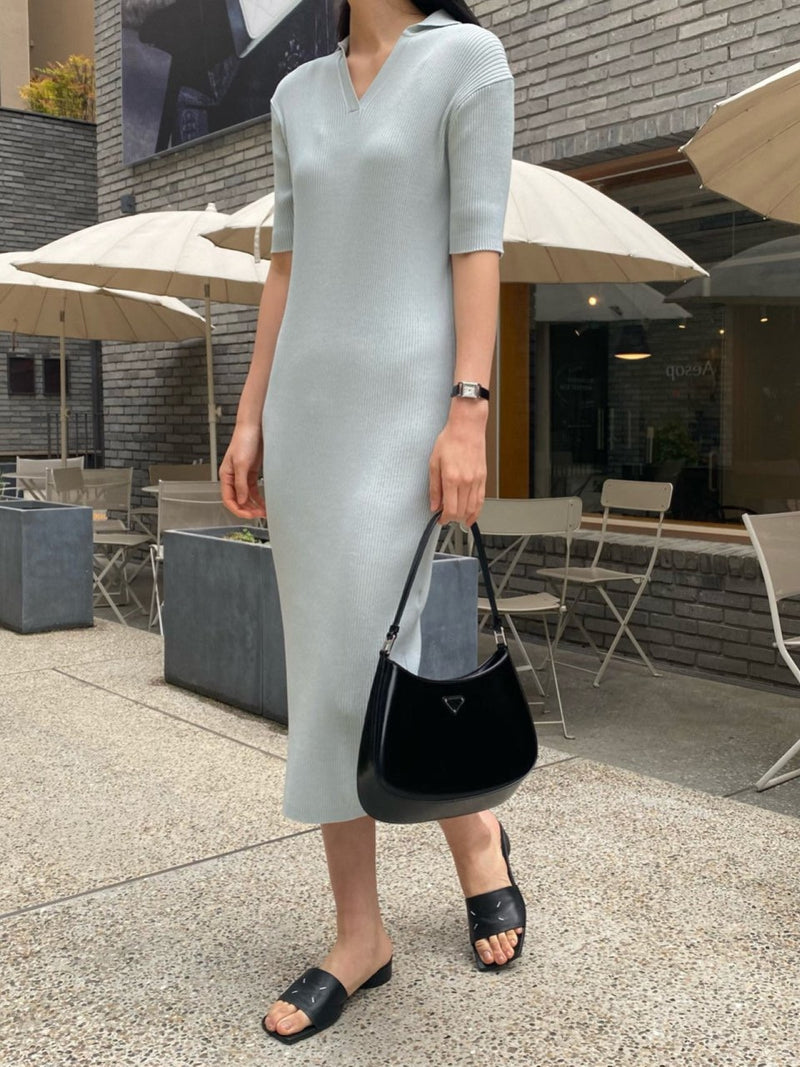 HALF SLEEVE COLLARED RIBBED DRESS