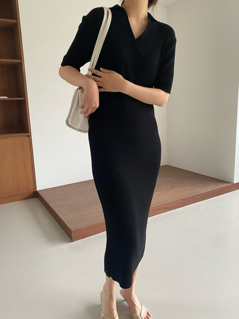 HALF SLEEVE COLLARED RIBBED DRESS