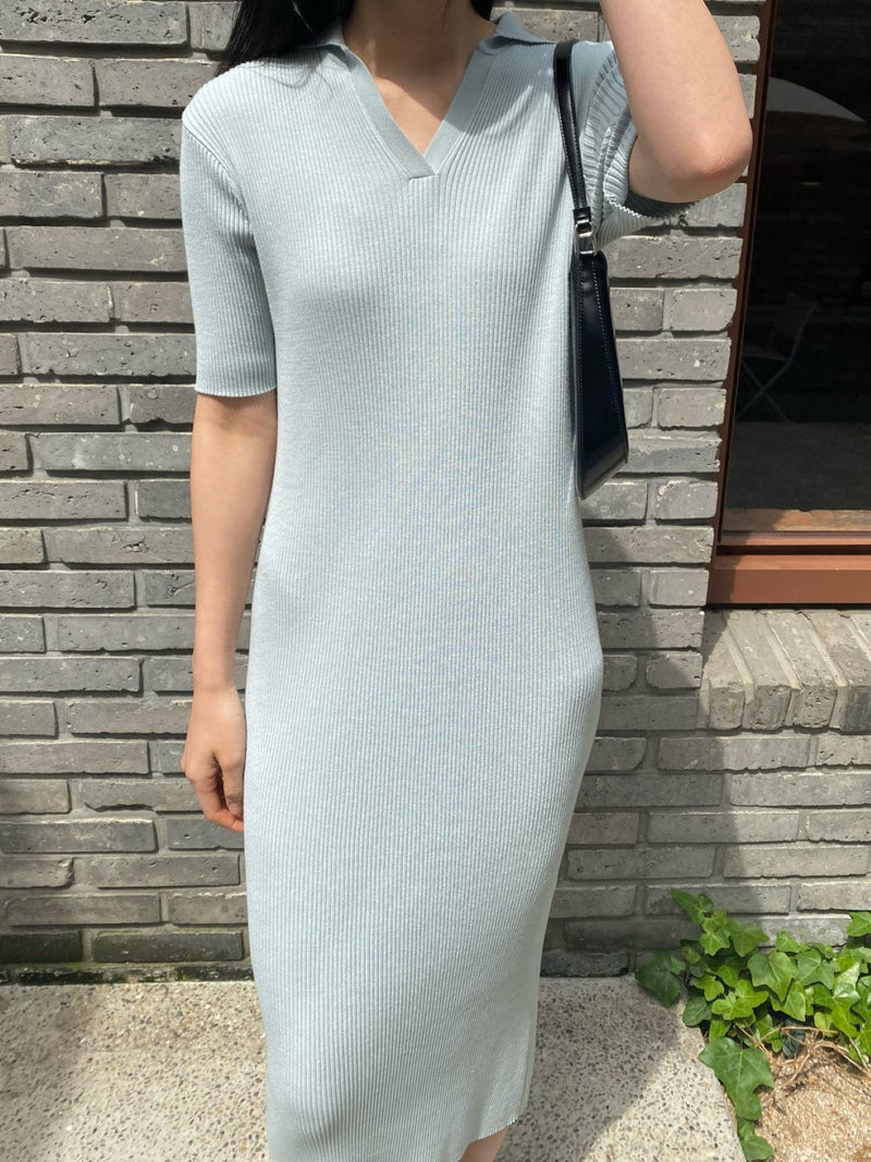 HALF SLEEVE COLLARED RIBBED DRESS