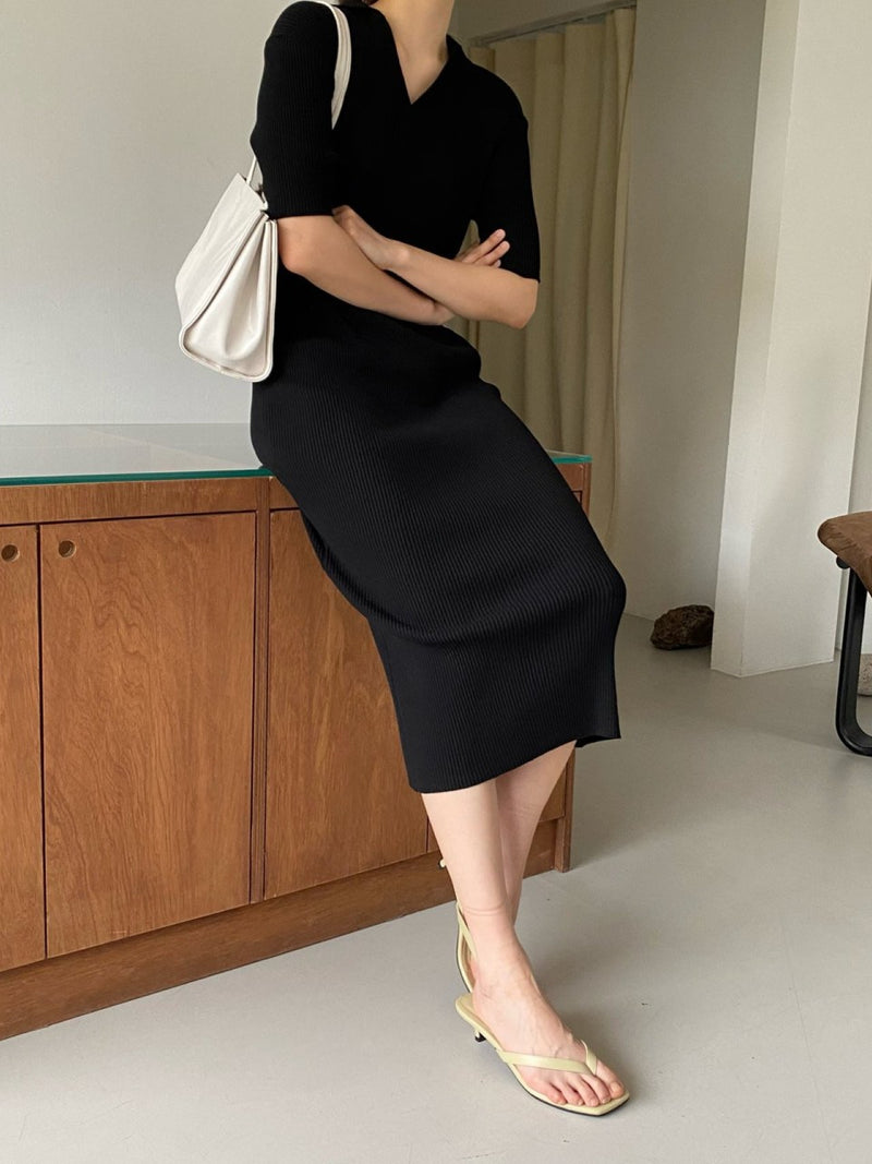 HALF SLEEVE COLLARED RIBBED DRESS