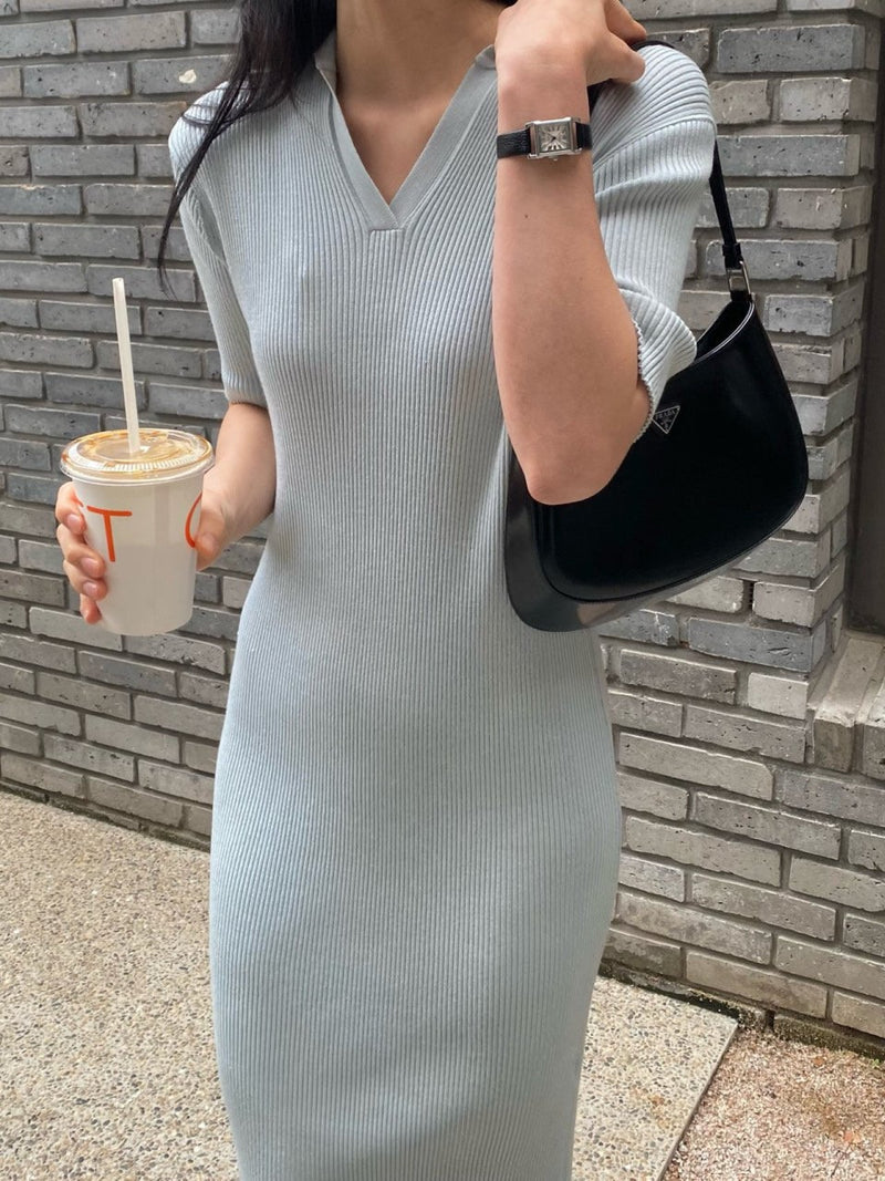 HALF SLEEVE COLLARED RIBBED DRESS