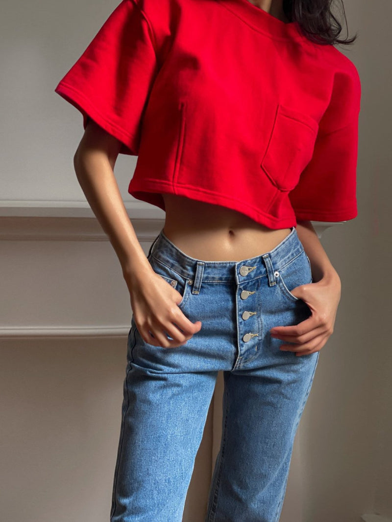 HALF SLEEVE CROPPED SWEATSHIRT WITH BACK ZIP