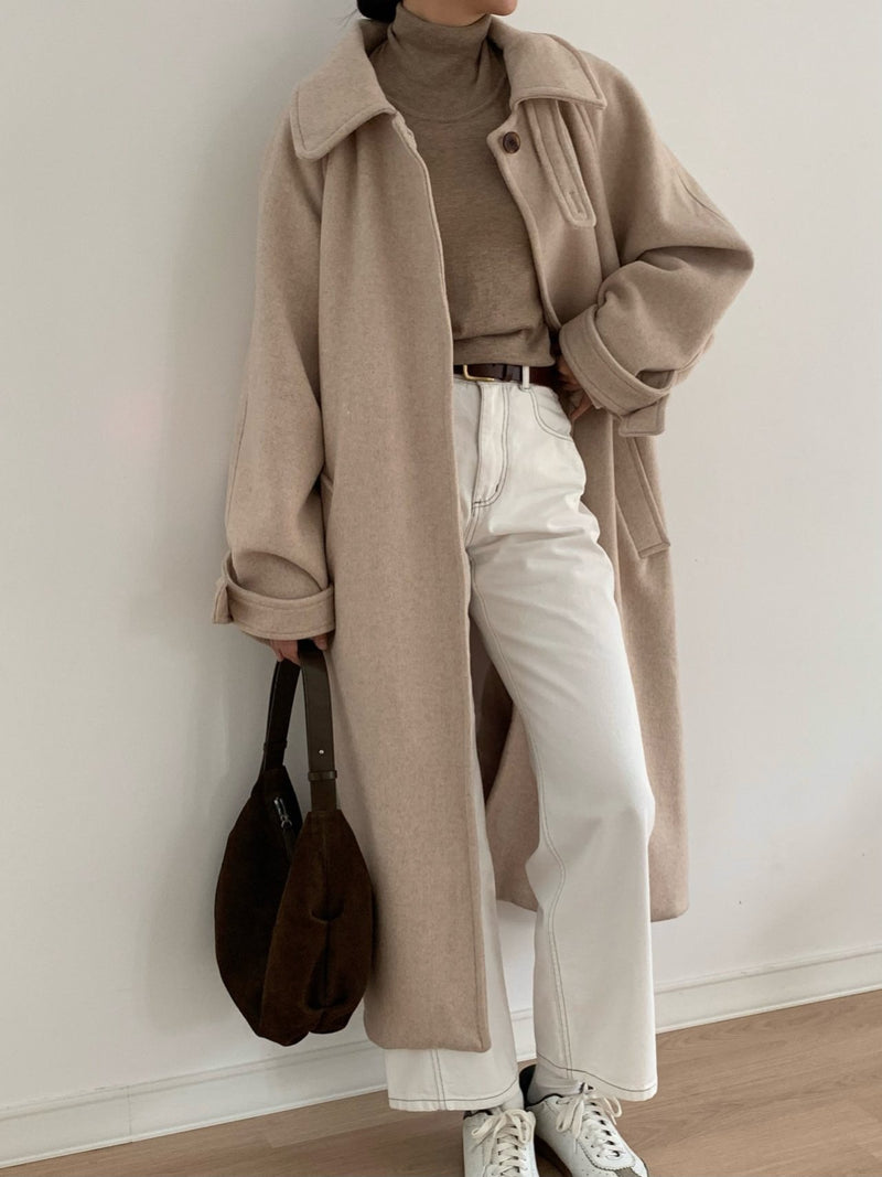 HERRINGBONE ONE BUTTON LONG COAT