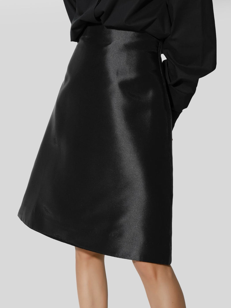 HIGH WAIST SATIN FLARED A-LINE MIDI SKIRT