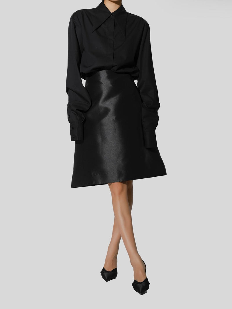 HIGH WAIST SATIN FLARED A-LINE MIDI SKIRT