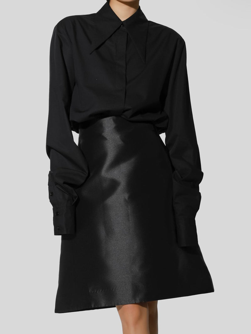 HIGH WAIST SATIN FLARED A-LINE MIDI SKIRT