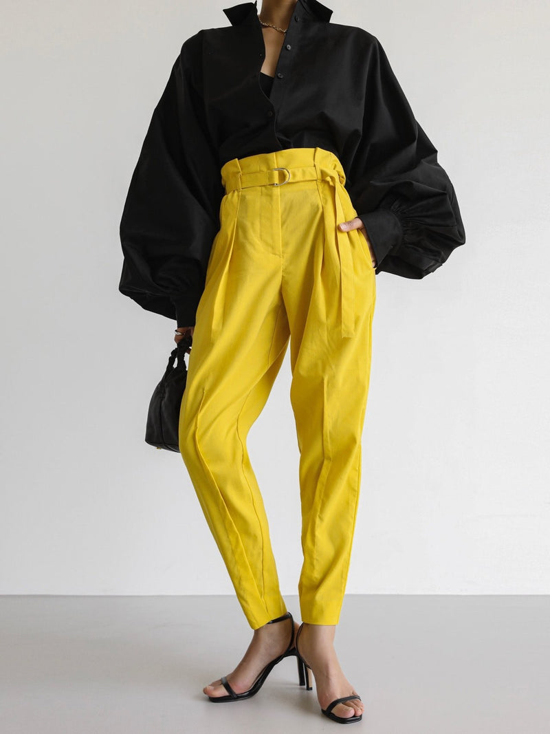 HIGH WAISTED BELTED LINEN SLACKS