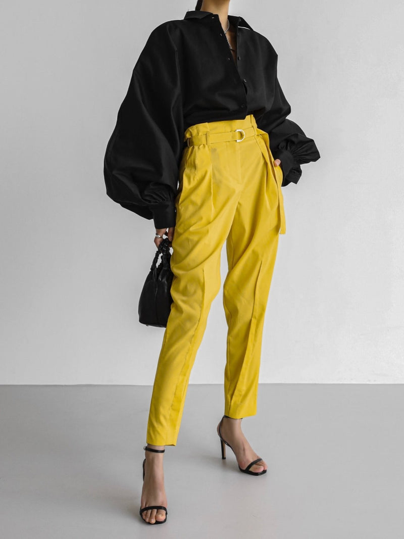 HIGH WAISTED BELTED LINEN SLACKS