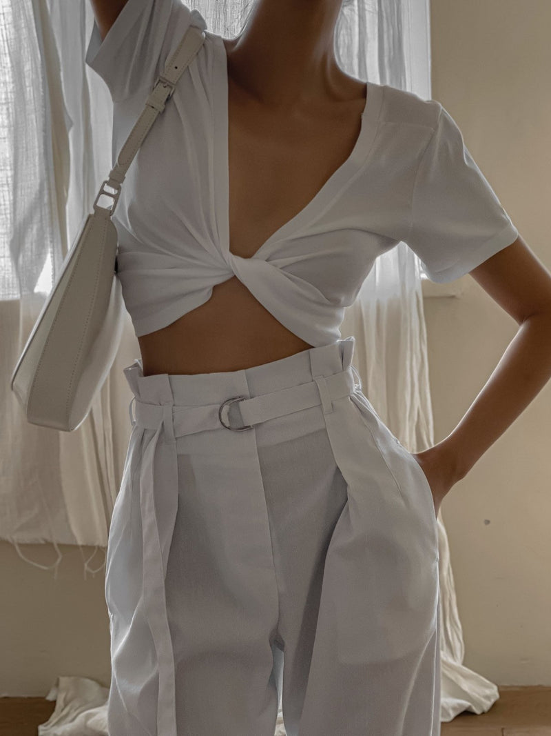 HIGH WAISTED BELTED LINEN SLACKS