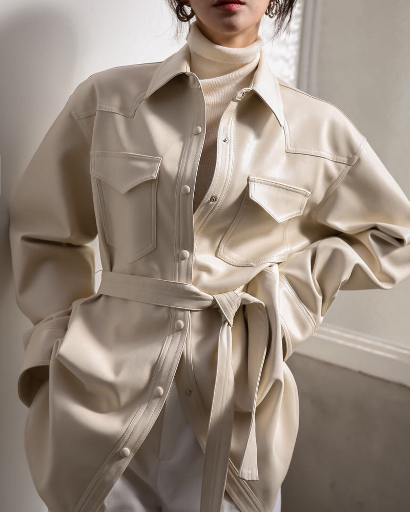 BELTED VEGAN LEATHER SHIRT