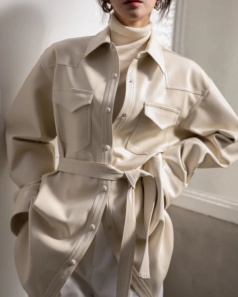 BELTED VEGAN LEATHER SHIRT