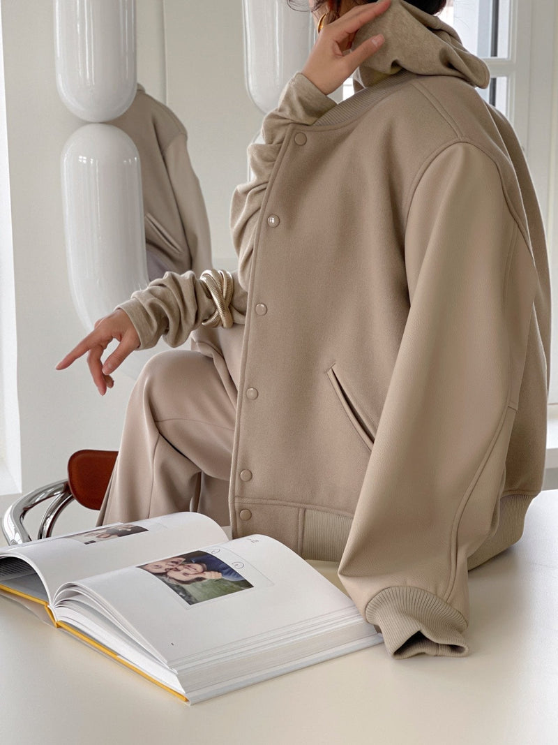 LEATHER SLEEVE WOOL STADIUM JACKET