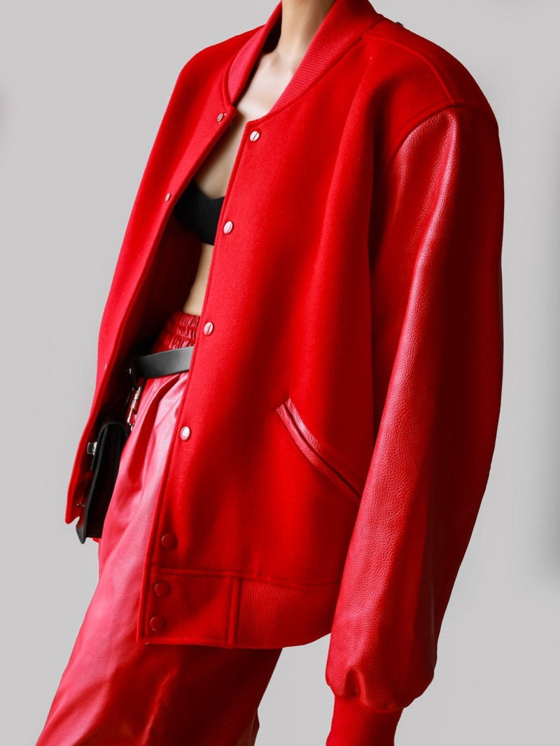 LEATHER SLEEVE WOOL STADIUM JACKET