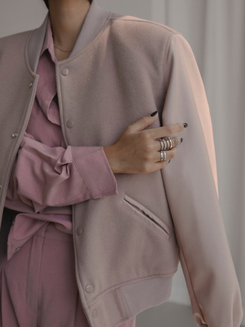 LEATHER SLEEVE WOOL STADIUM JACKET