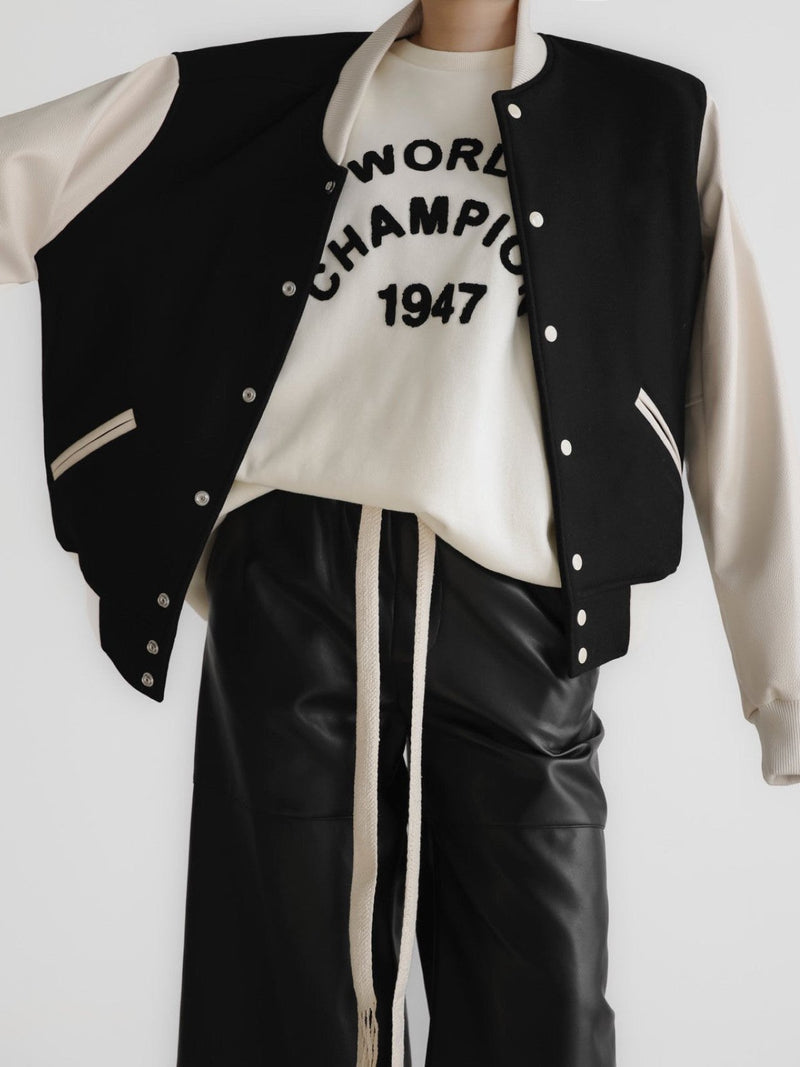 LEATHER SLEEVE WOOL STADIUM JACKET
