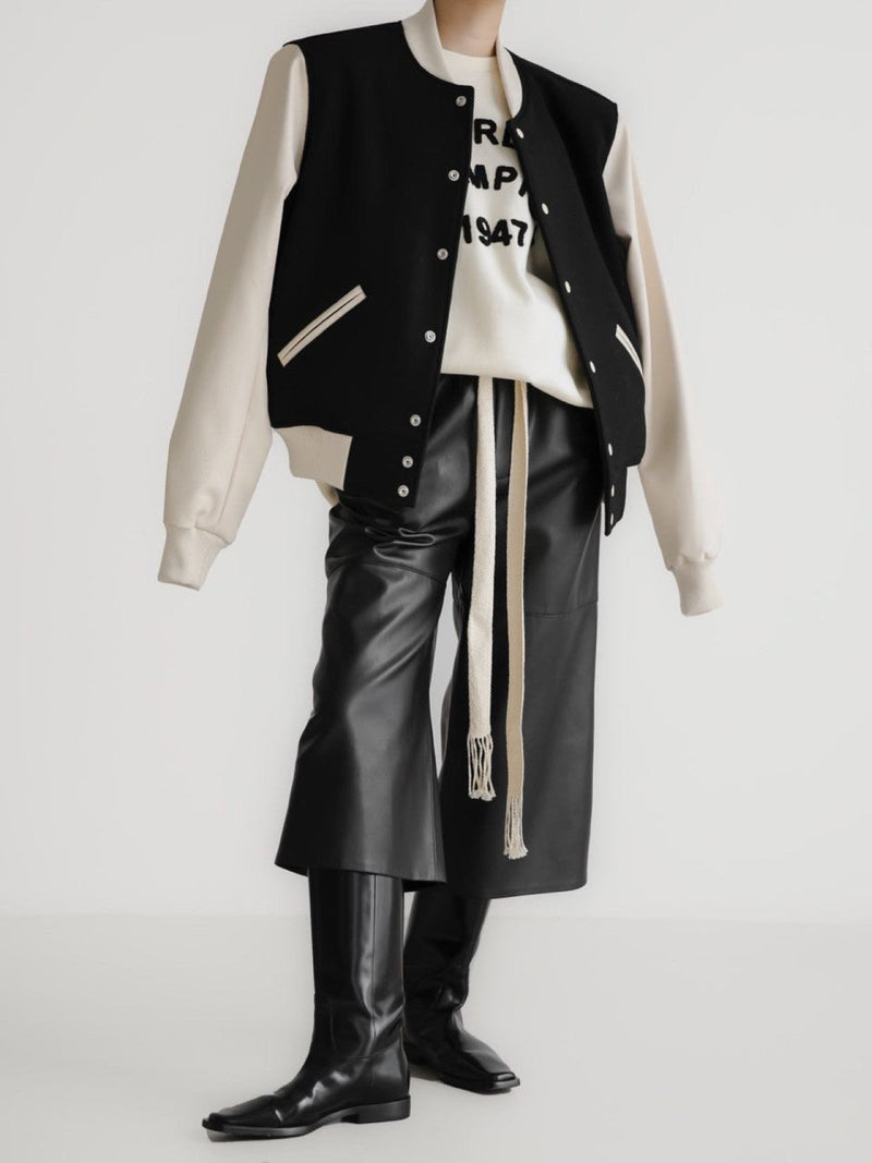 LEATHER SLEEVE WOOL STADIUM JACKET