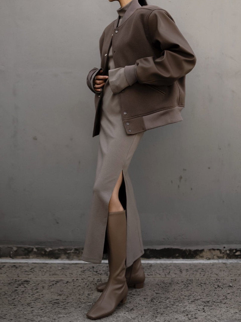 LEATHER SLEEVE WOOL STADIUM JACKET