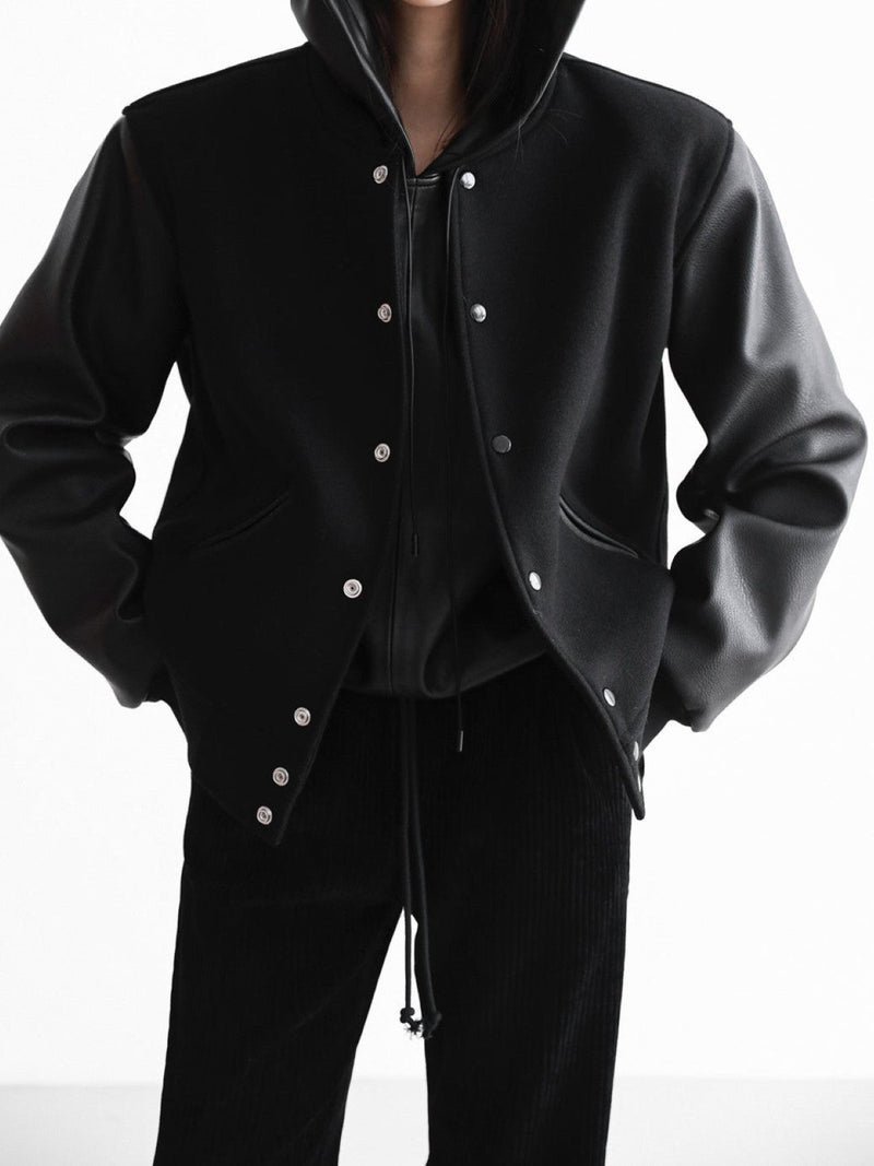LEATHER SLEEVE WOOL STADIUM JACKET