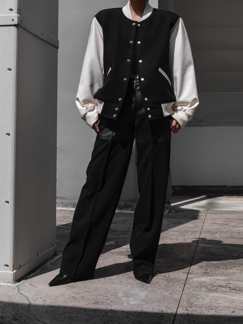 LEATHER SLEEVE WOOL STADIUM JACKET