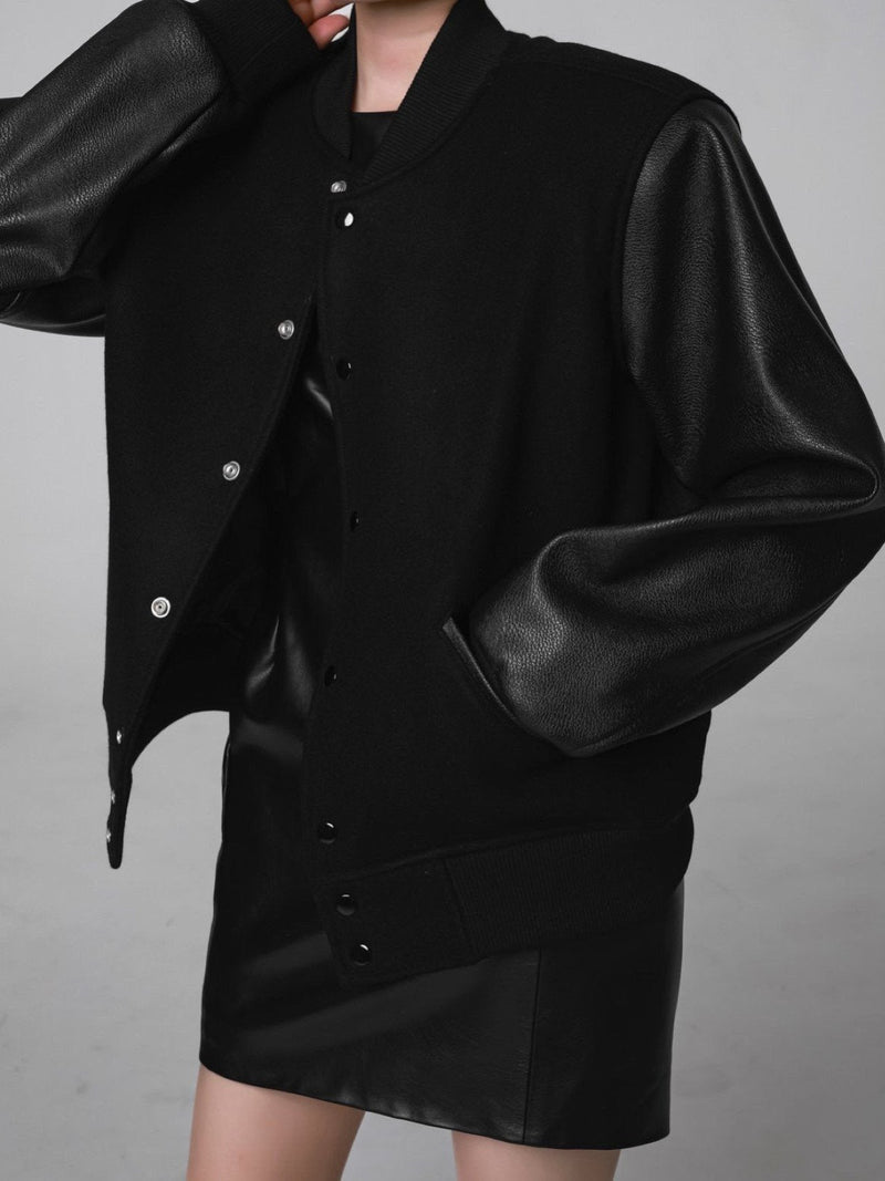 LEATHER SLEEVE WOOL STADIUM JACKET