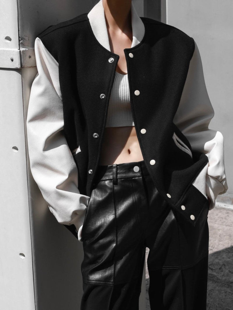 LEATHER SLEEVE WOOL STADIUM JACKET