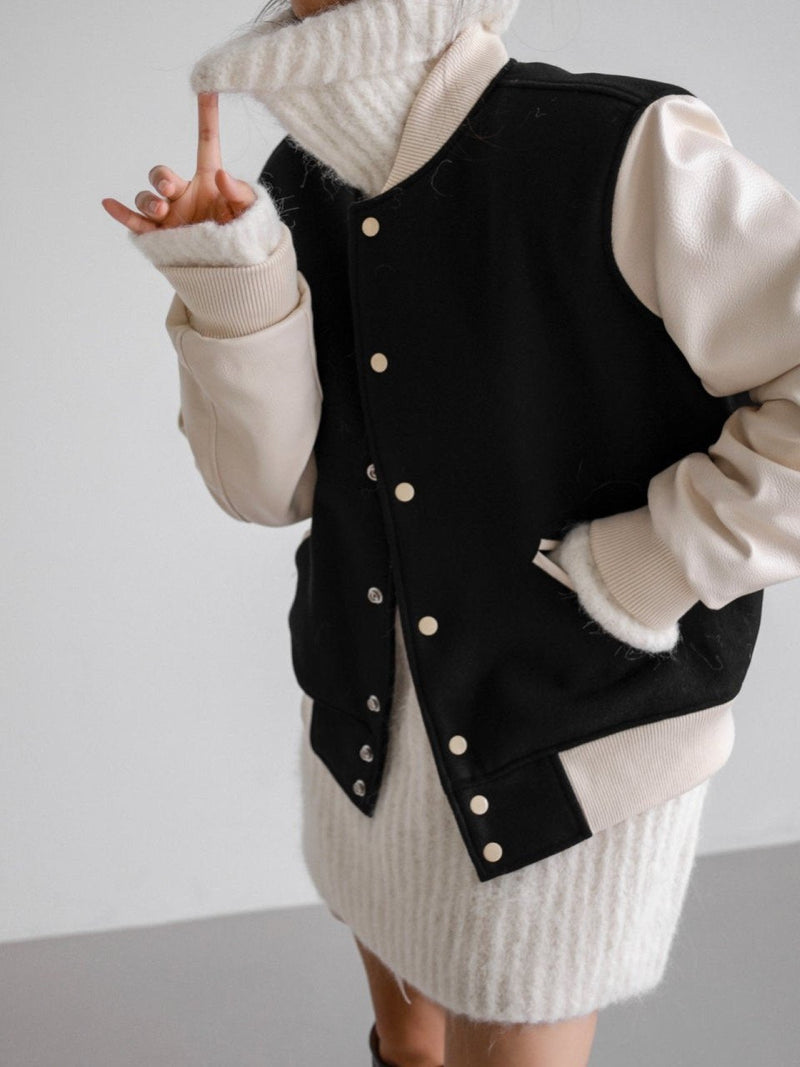 LEATHER SLEEVE WOOL STADIUM JACKET