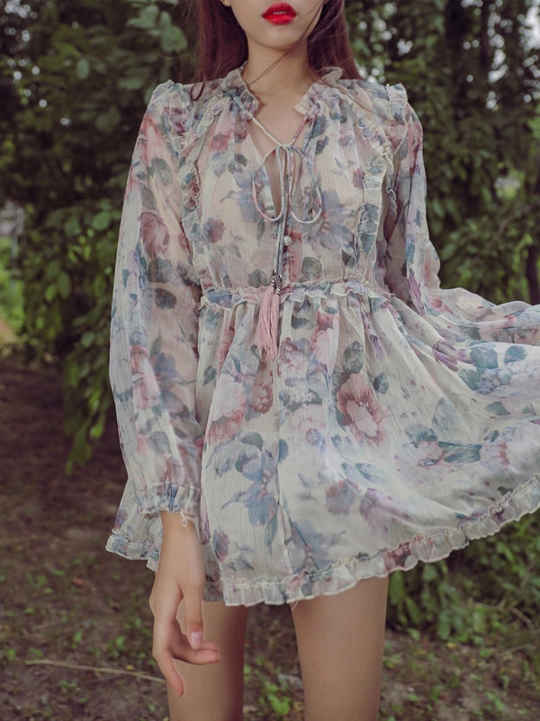 LONG SLEEVE RUFFLE FLORAL BLOUSE