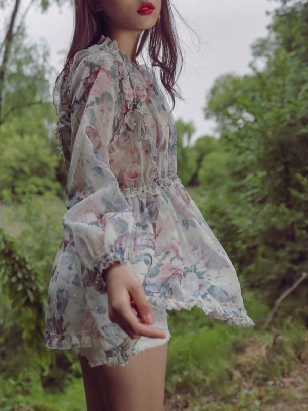 LONG SLEEVE RUFFLE FLORAL BLOUSE
