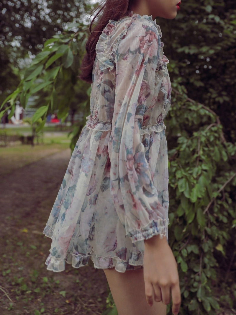 LONG SLEEVE RUFFLE FLORAL BLOUSE