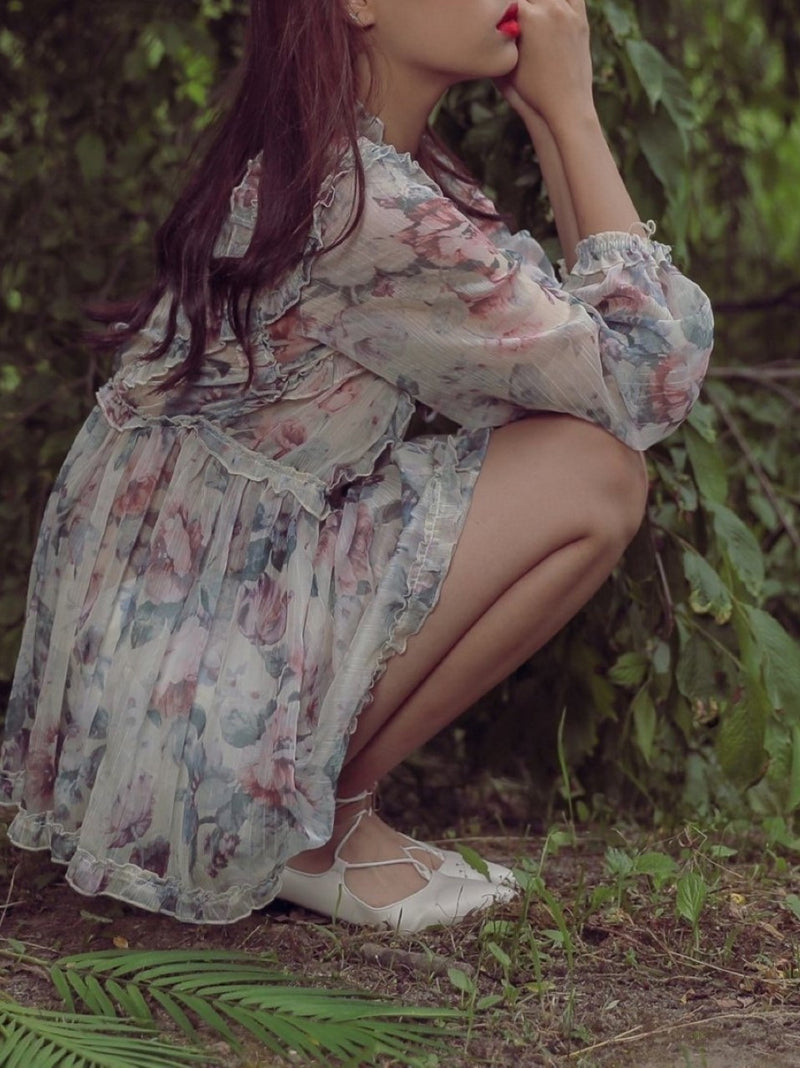 LONG SLEEVE RUFFLE FLORAL BLOUSE