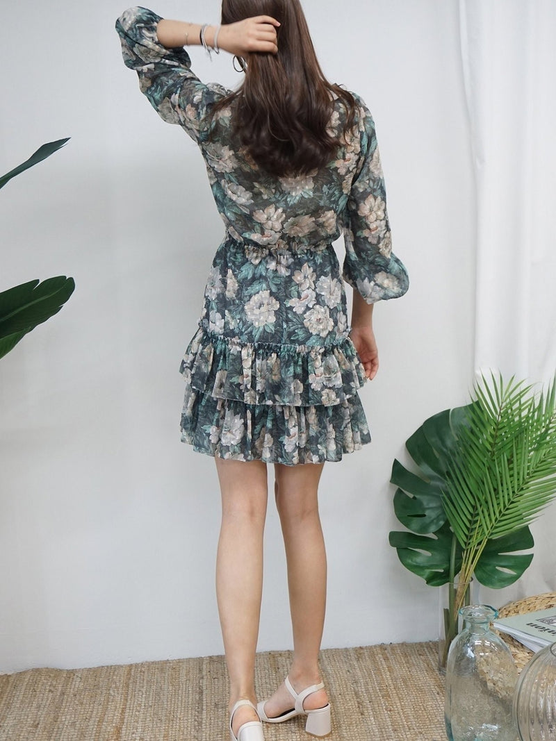 LONG SLEEVE RUFFLE TIERED FLORAL DRESS