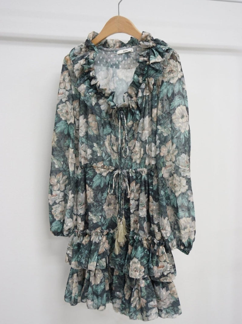 LONG SLEEVE RUFFLE TIERED FLORAL DRESS