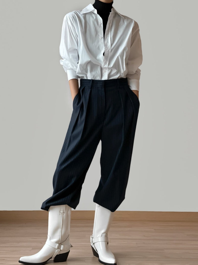 PIN STRIPE DOUBLE PLEATED WIDE TROUSERS