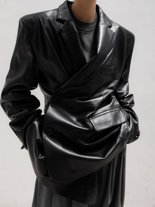 LUXE LEATHER UNBALANCED BOYFRIEND BLAZER