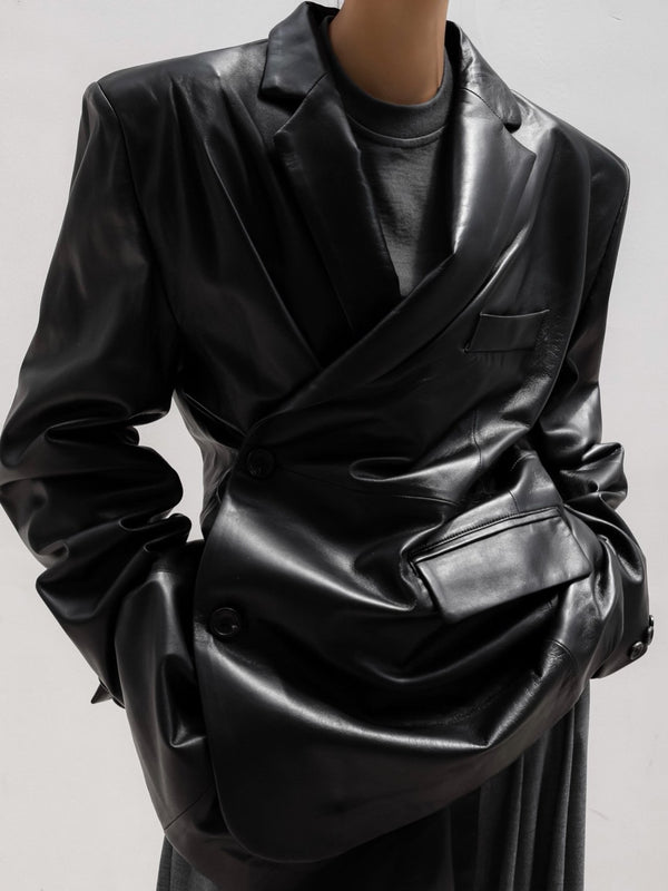 LUXE LEATHER UNBALANCED BOYFRIEND BLAZER