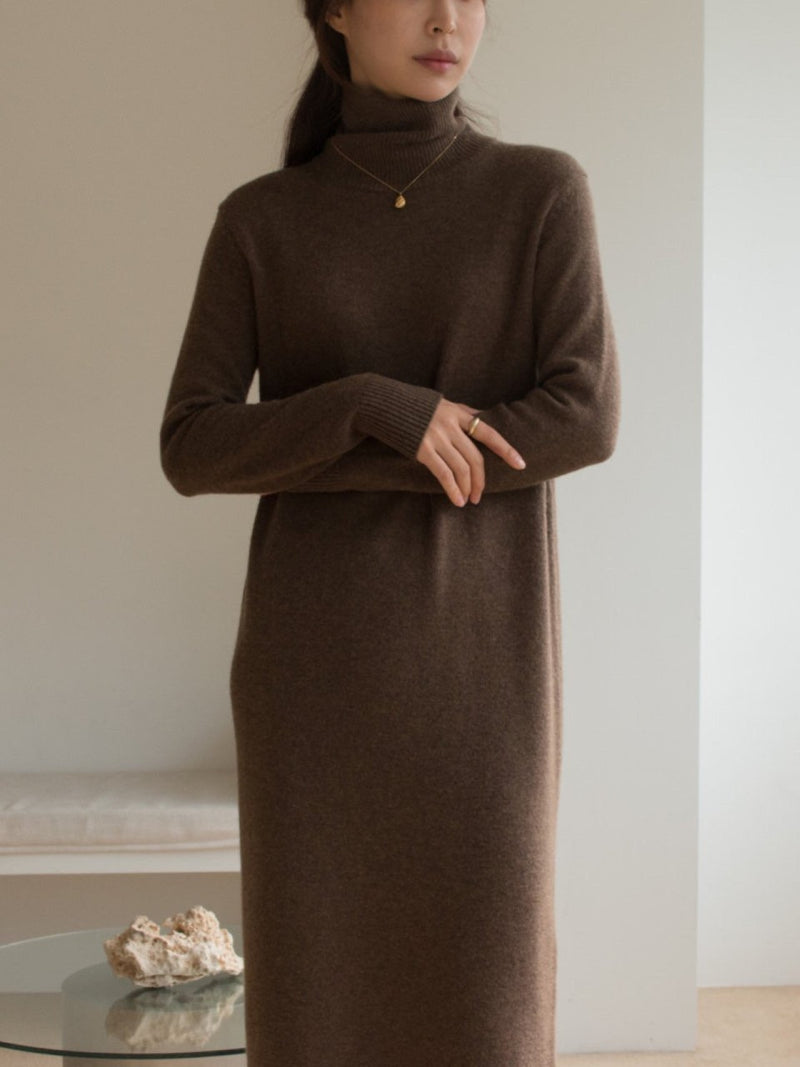 Split Turtleneck Cashmere Knit Dress - Luxury Black