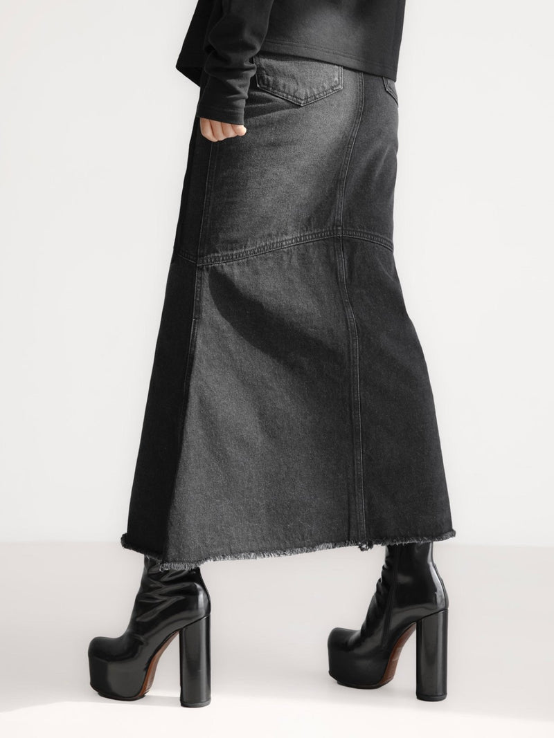 MERMAID WASHED BLACK MAXI DENIM SKIRT