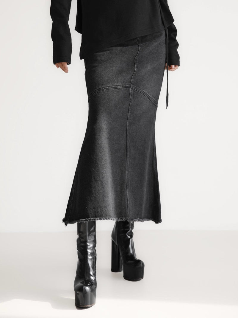 MERMAID WASHED BLACK MAXI DENIM SKIRT