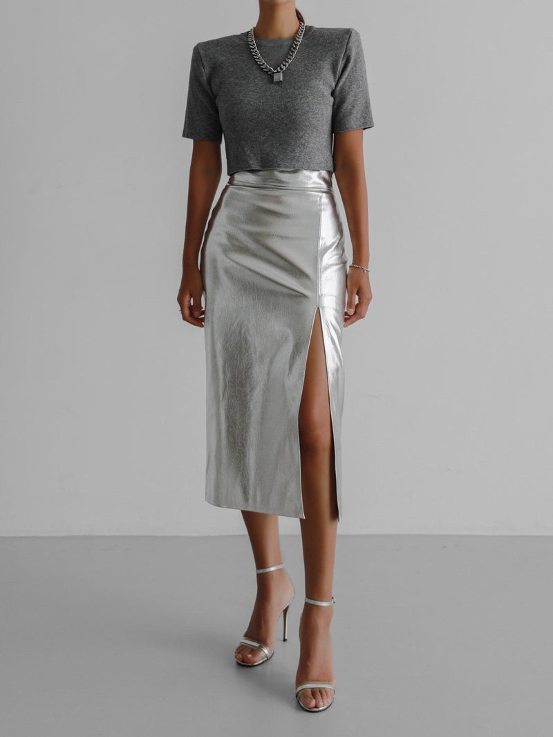 METALLIC VEGAN LEATHER PENCIL SKIRT