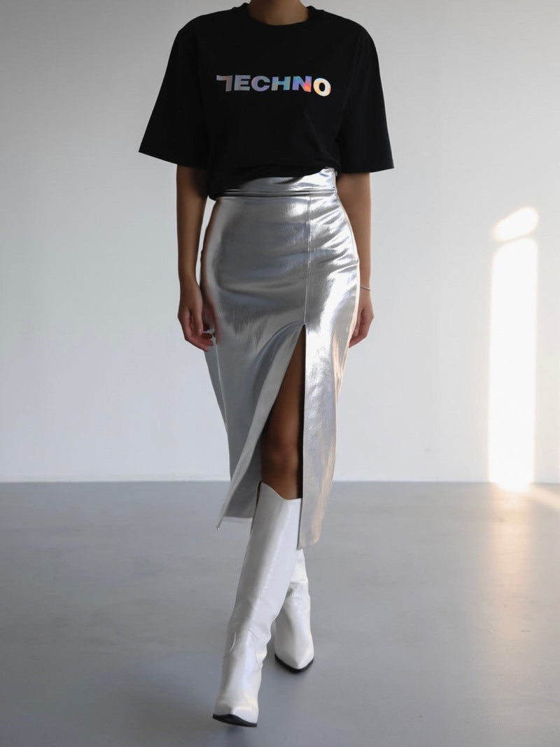 METALLIC VEGAN LEATHER PENCIL SKIRT